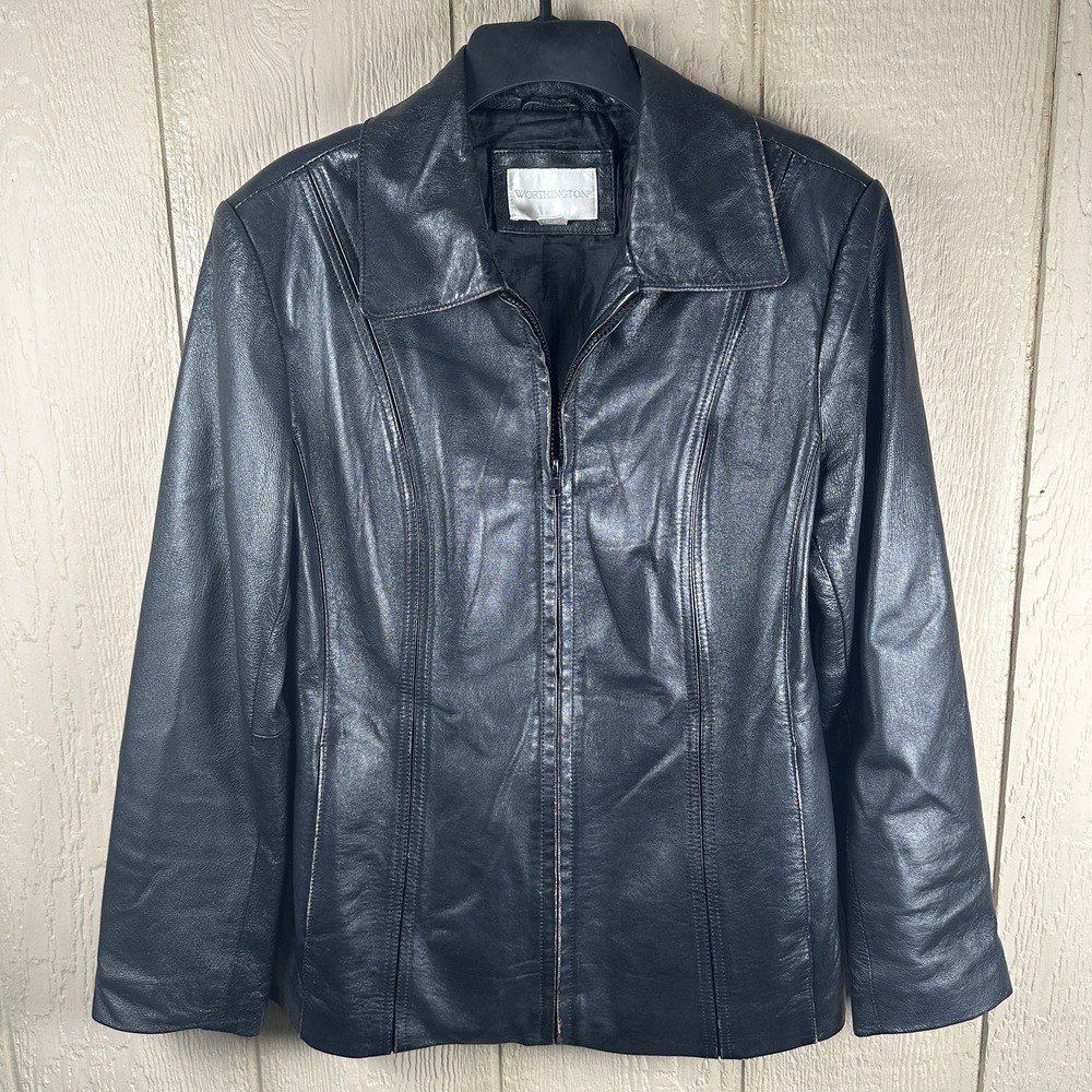 Vintage Worthington Leather Jacket Womens Sz Medium Black Full Zip Bomber Biker